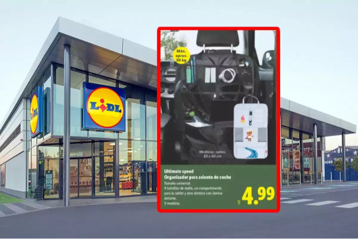 Fachada de una tienda Lidl con un anuncio de organizador para asiento de coche en oferta por 4,99 euros Fachada de una tienda Lidl con un anuncio de organizador para asiento de coche en oferta por 4,99 euros