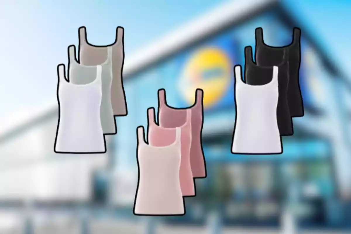Varios tops de tirantes en diferentes colores sobre un fondo desenfocado de una tienda Varios tops de tirantes en diferentes colores sobre un fondo desenfocado de una tienda