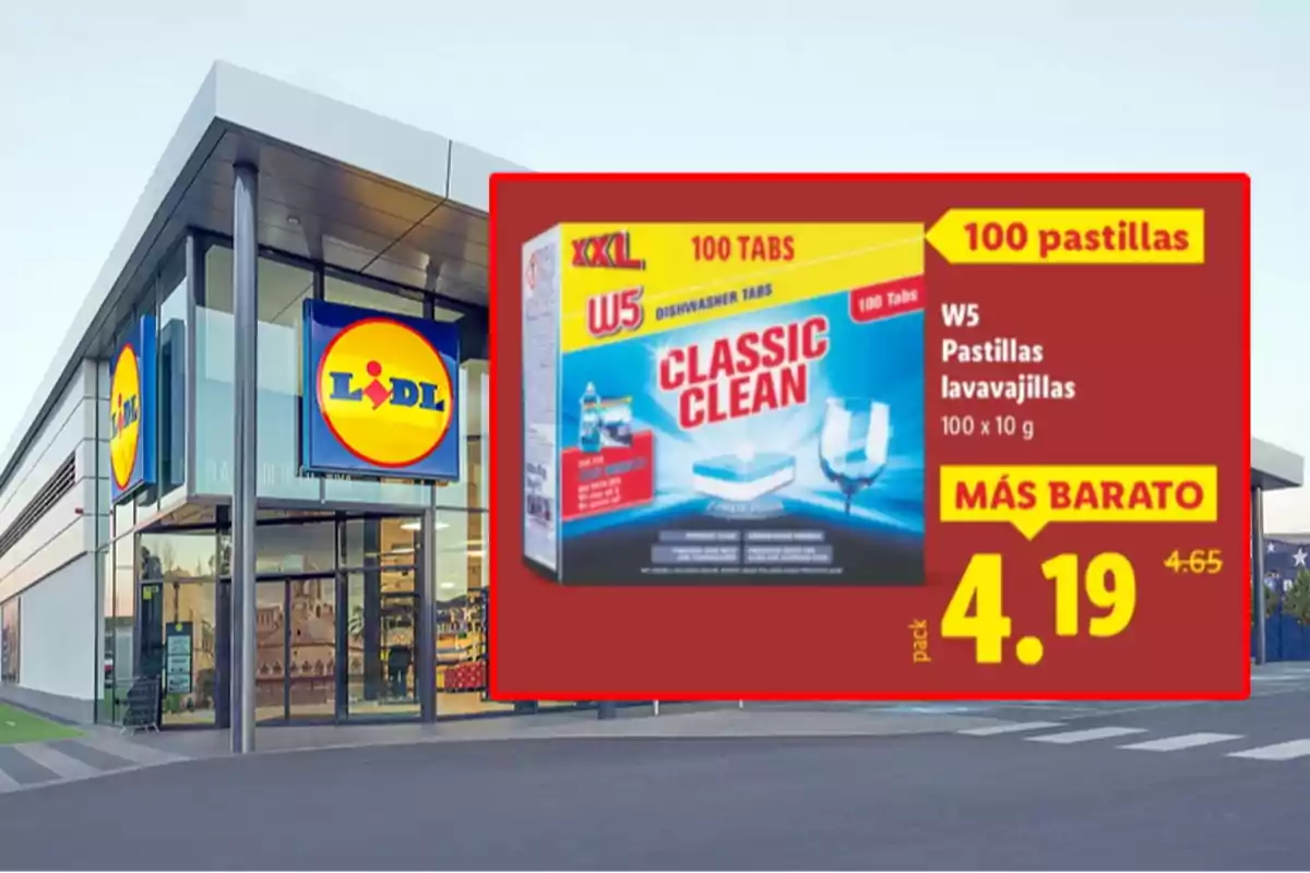Fachada de supermercado Lidl con una promoción de pastillas lavavajillas W5 Classic Clean de 100 unidades a un precio de 4,19 euros destacada en un cartel rojo y amarillo Fachada de supermercado Lidl con una promoción de pastillas lavavajillas W5 Classic Clean de 100 unidades a un precio de 4,19 euros destacada en un cartel rojo y amarillo