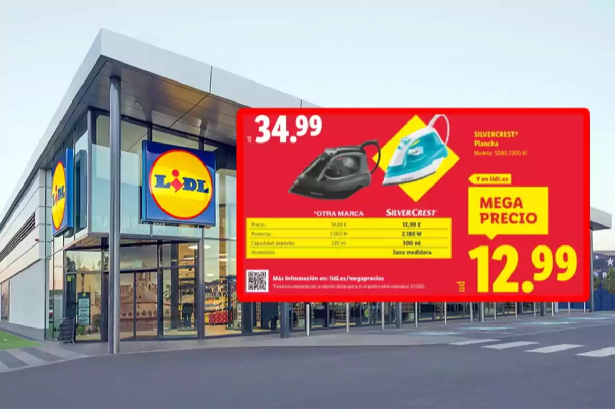 Fachada de una tienda Lidl con un cartel promocional que compara el precio y características de dos planchas, destacando una oferta especial de la marca SilverCrest a 12,99 euros Fachada de una tienda Lidl con un cartel promocional que compara el precio y características de dos planchas, destacando una oferta especial de la marca SilverCrest a 12,99 euros
