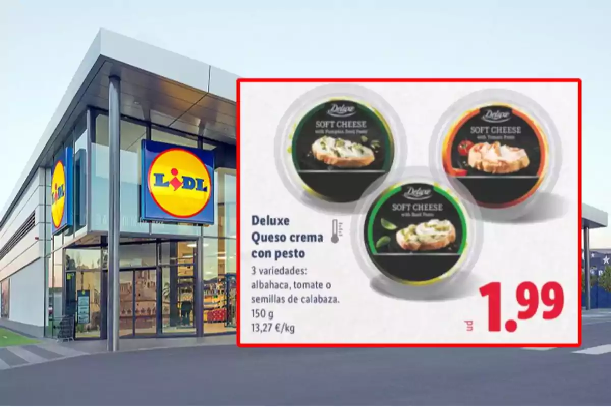 Fachada de una tienda Lidl con una promoción de queso crema Deluxe en tres variedades diferentes y precio destacado de 1.99 euros Fachada de una tienda Lidl con una promoción de queso crema Deluxe en tres variedades diferentes y precio destacado de 1.99 euros