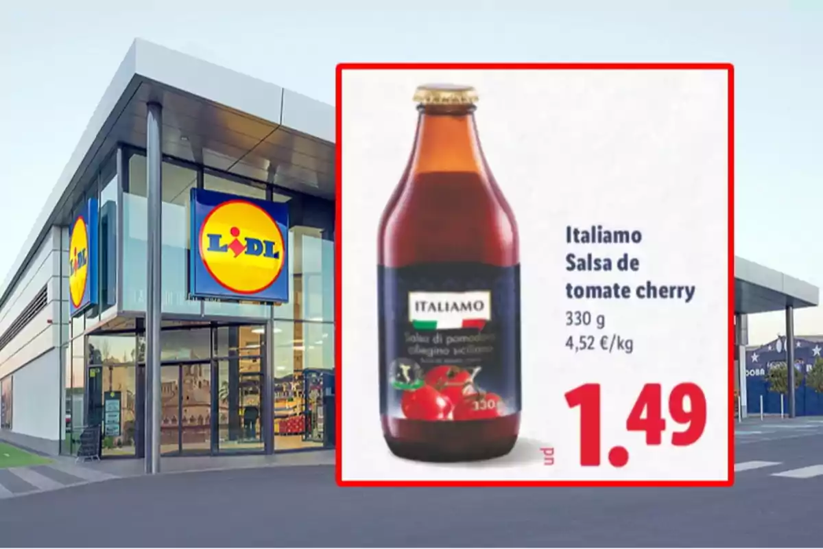 Fachada de supermercado Lidl con un anuncio de salsa de tomate cherry Italamo de 330 gramos a 1,49 euros Fachada de supermercado Lidl con un anuncio de salsa de tomate cherry Italamo de 330 gramos a 1,49 euros