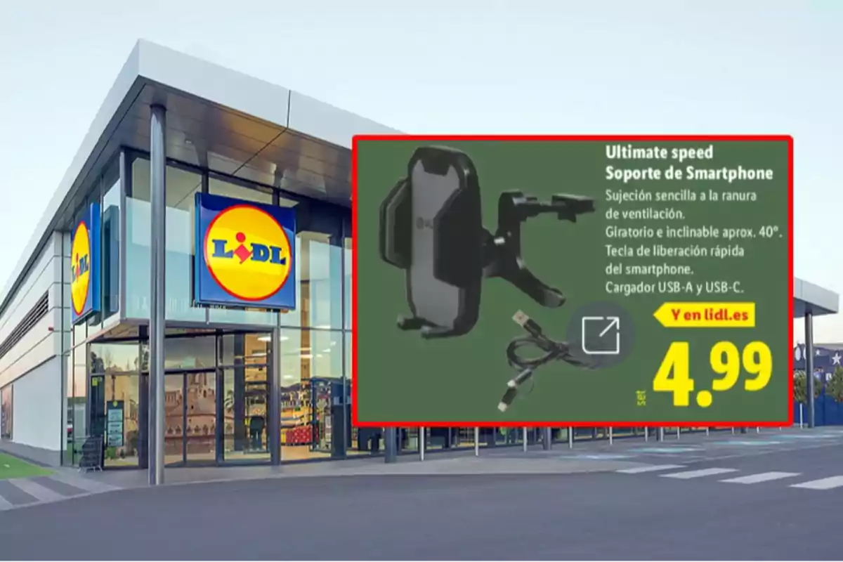 Fachada de una tienda Lidl con un anuncio de soporte para smartphone a 4,99 euros destacado en la imagen Fachada de una tienda Lidl con un anuncio de soporte para smartphone a 4,99 euros destacado en la imagen