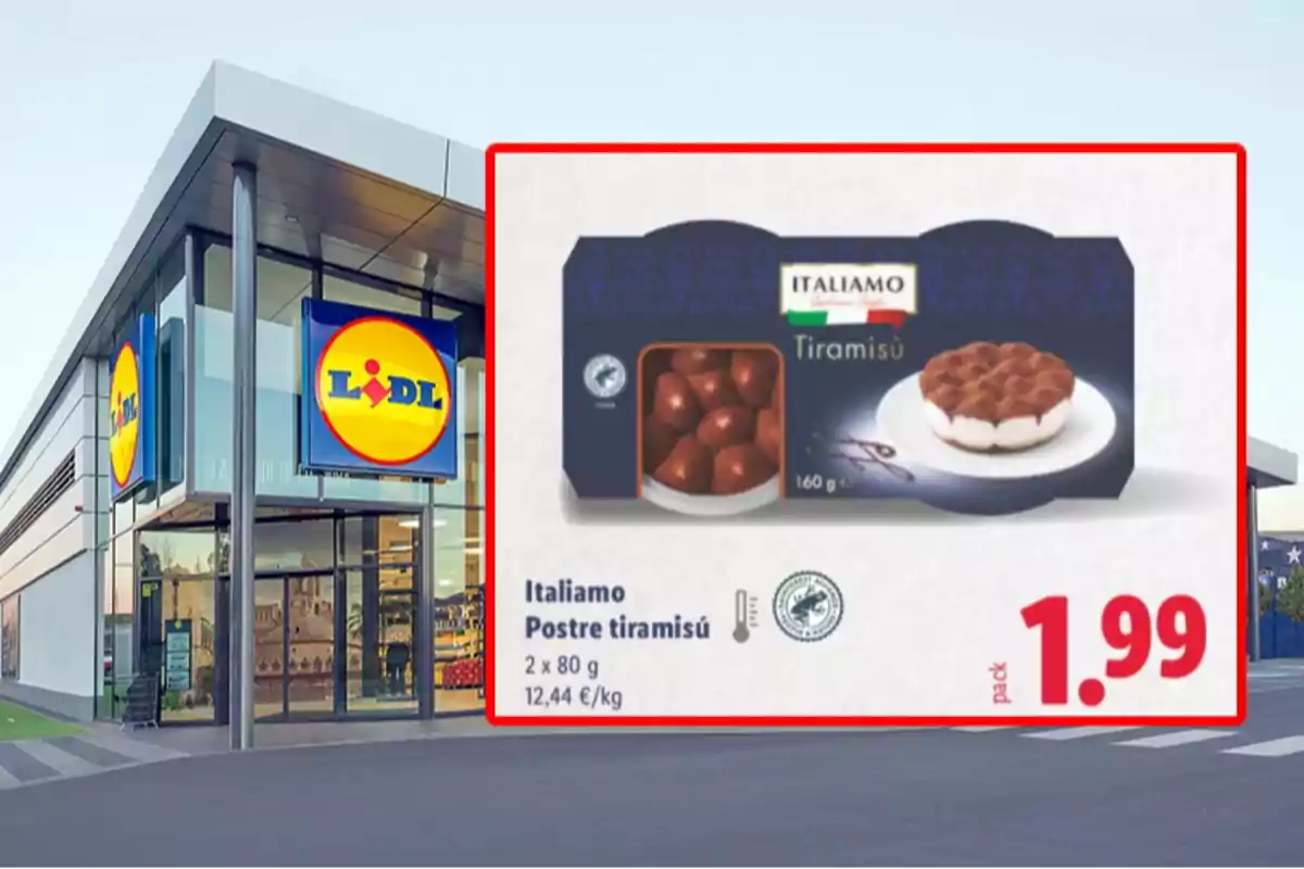 Fachada de una tienda Lidl con un anuncio de postre tiramisú de la marca Italiamo en oferta a 1,99 euros el paquete Fachada de una tienda Lidl con un anuncio de postre tiramisú de la marca Italiamo en oferta a 1,99 euros el paquete