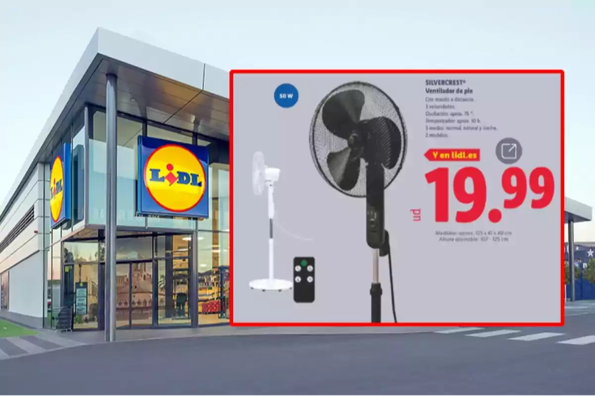 Fachada de una tienda Lidl con un anuncio de un ventilador de pie Silvercrest en oferta por 19,99 euros Fachada de una tienda Lidl con un anuncio de un ventilador de pie Silvercrest en oferta por 19,99 euros