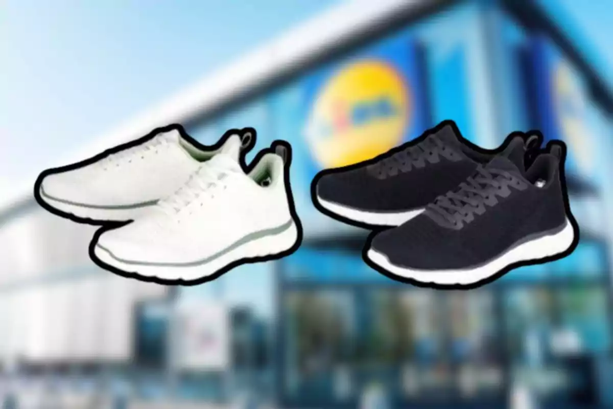Dos pares de tenis deportivos en color blanco y negro frente a una tienda con el logo de Lidl desenfocado de fondo Dos pares de tenis deportivos en color blanco y negro frente a una tienda con el logo de Lidl desenfocado de fondo