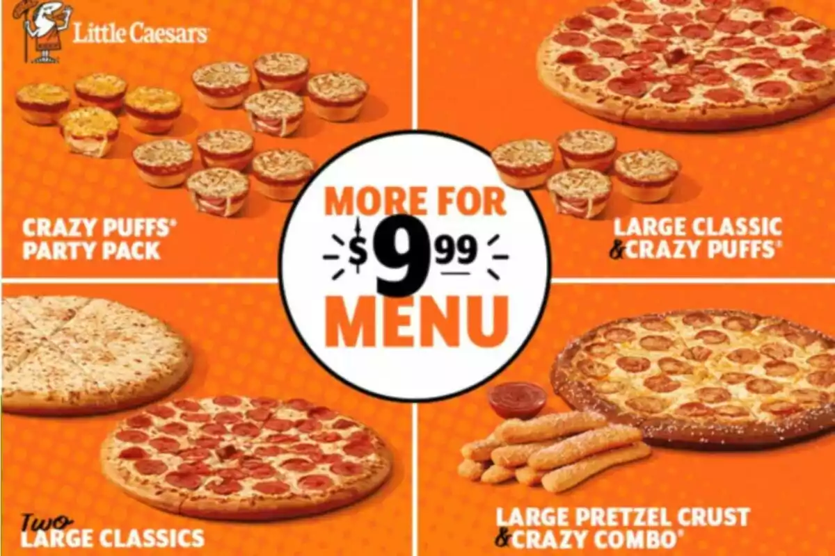 Little Caesars promotion with different pizza options, crazy puffs, breadsticks, and combos for .99 on an orange background Little Caesars promotion with different pizza options, crazy puffs, breadsticks, and combos for .99 on an orange background