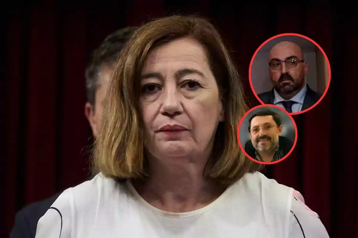 Mujer de cabello castaño claro y expresión seria en primer plano con dos hombres en círculos rojos en la esquina superior derecha sobre un fondo oscuro