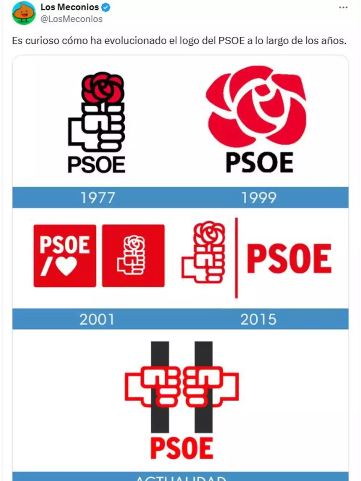 Evolución del logo del PSOE desde 1977 hasta la actualidad mostrando diferentes versiones del puño y la rosa y una versión final con dos puños sosteniendo barrotes como si fueran de una cárcel Evolución del logo del PSOE desde 1977 hasta la actualidad mostrando diferentes versiones del puño y la rosa y una versión final con dos puños sosteniendo barrotes como si fueran de una cárcel