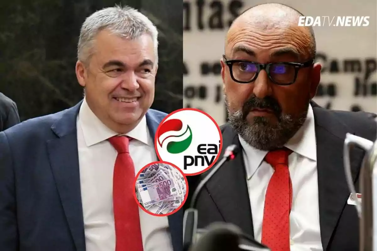 Dos hombres con traje y corbata roja aparecen junto al logo del partido EAJ PNV y un círculo con billetes de euro, con el texto EDATV.NEWS en la esquina superior derecha.