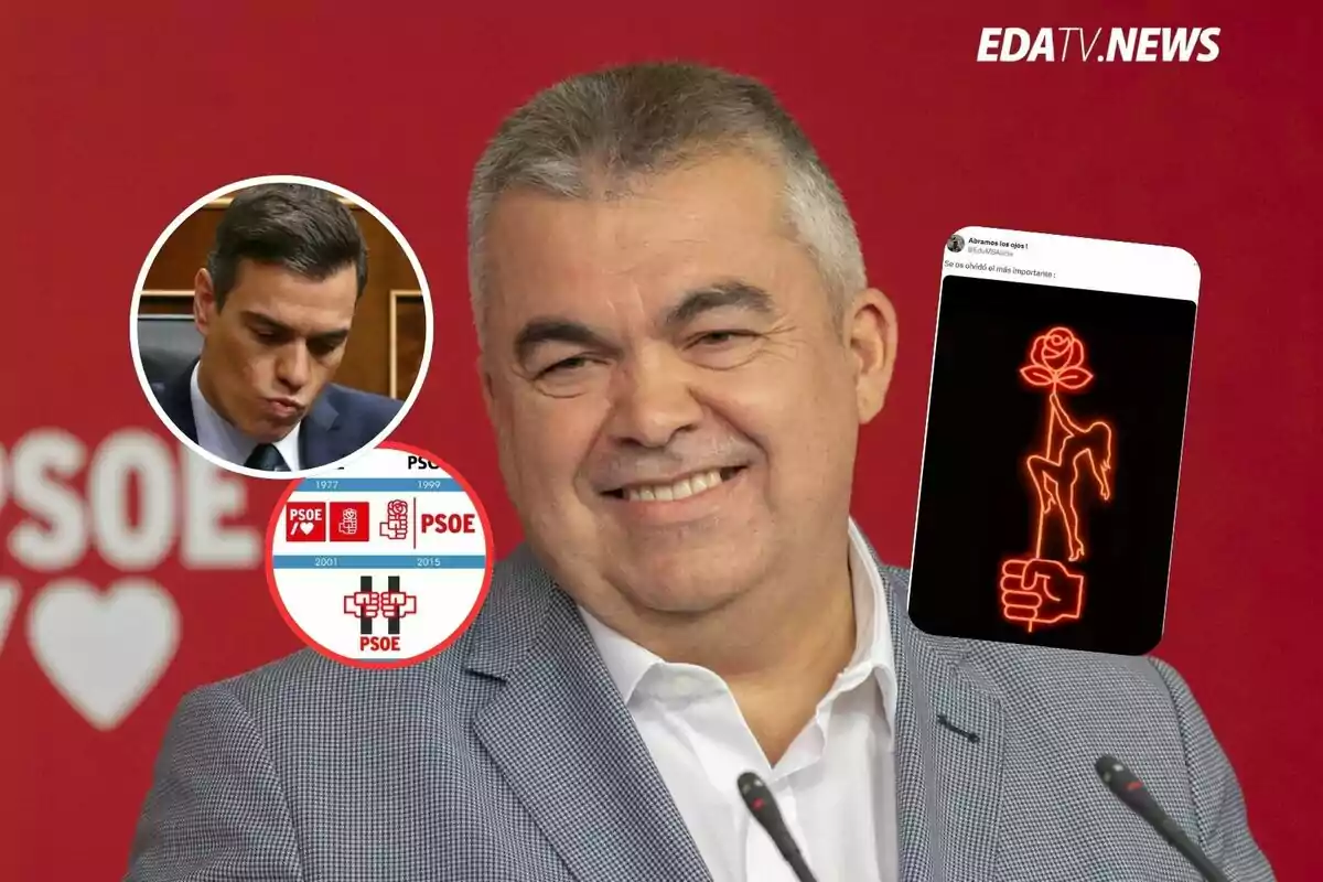 Hombre sonriente en primer plano con fondo rojo y varios elementos gráficos relacionados con el PSOE, incluyendo una foto de otro hombre, una evolución de logotipos y una imagen de una rosa roja estilizada.