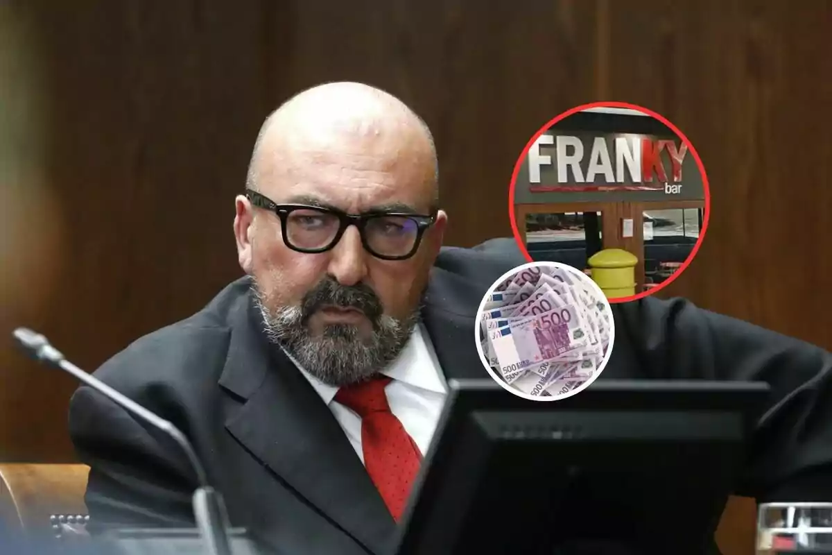 Hombre de traje y corbata roja sentado frente a una computadora con dos círculos superpuestos que muestran un letrero de bar llamado Franky y varios billetes de euro.