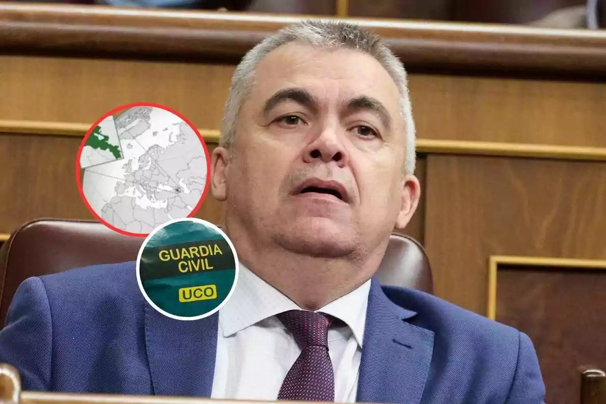 Hombre de cabello canoso con traje y corbata sentado en un escaño, con dos gráficos superpuestos, uno de un mapa de Europa y otro con el texto Guardia Civil UCO.