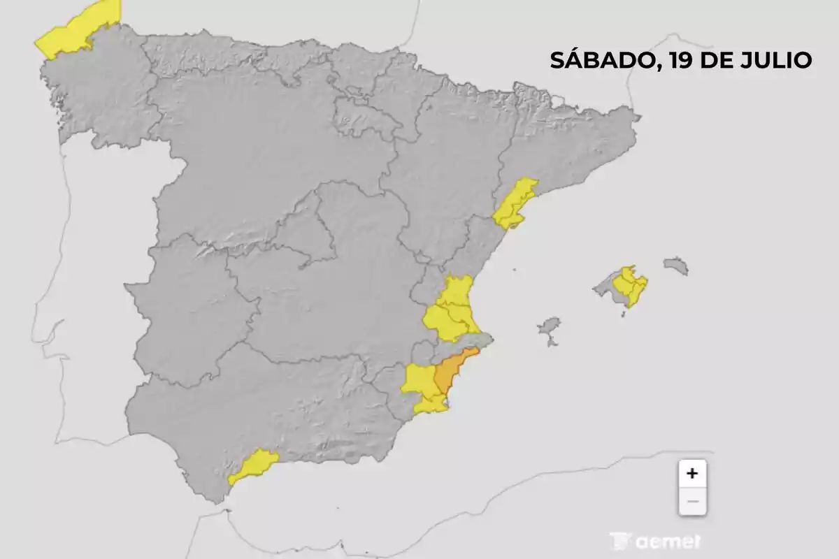 Mapa de España con varias provincias resaltadas en amarillo y naranja indicando alertas meteorológicas para el sábado 19 de julio Mapa de España con varias provincias resaltadas en amarillo y naranja indicando alertas meteorológicas para el sábado 19 de julio