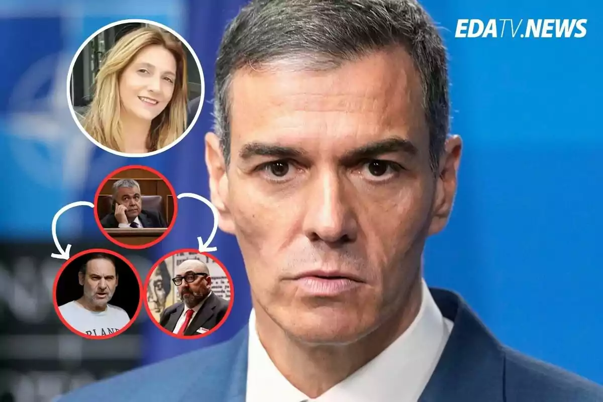 Primer plano de un hombre de traje con expresión seria, acompañado de cuatro retratos circulares de otras personas conectados por flechas y el logotipo de EDATV NEWS en la esquina superior derecha