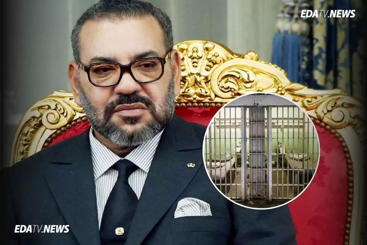 Hombre con barba y gafas sentado en un sillón dorado con un círculo que muestra una celda de prisión superpuesto en la imagen