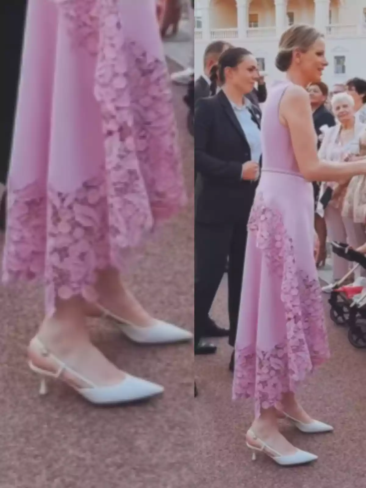 Woman in a light pink dress with lace details and low-heeled white shoes, greeting people at an outdoor event Woman in a light pink dress with lace details and low-heeled white shoes, greeting people at an outdoor event