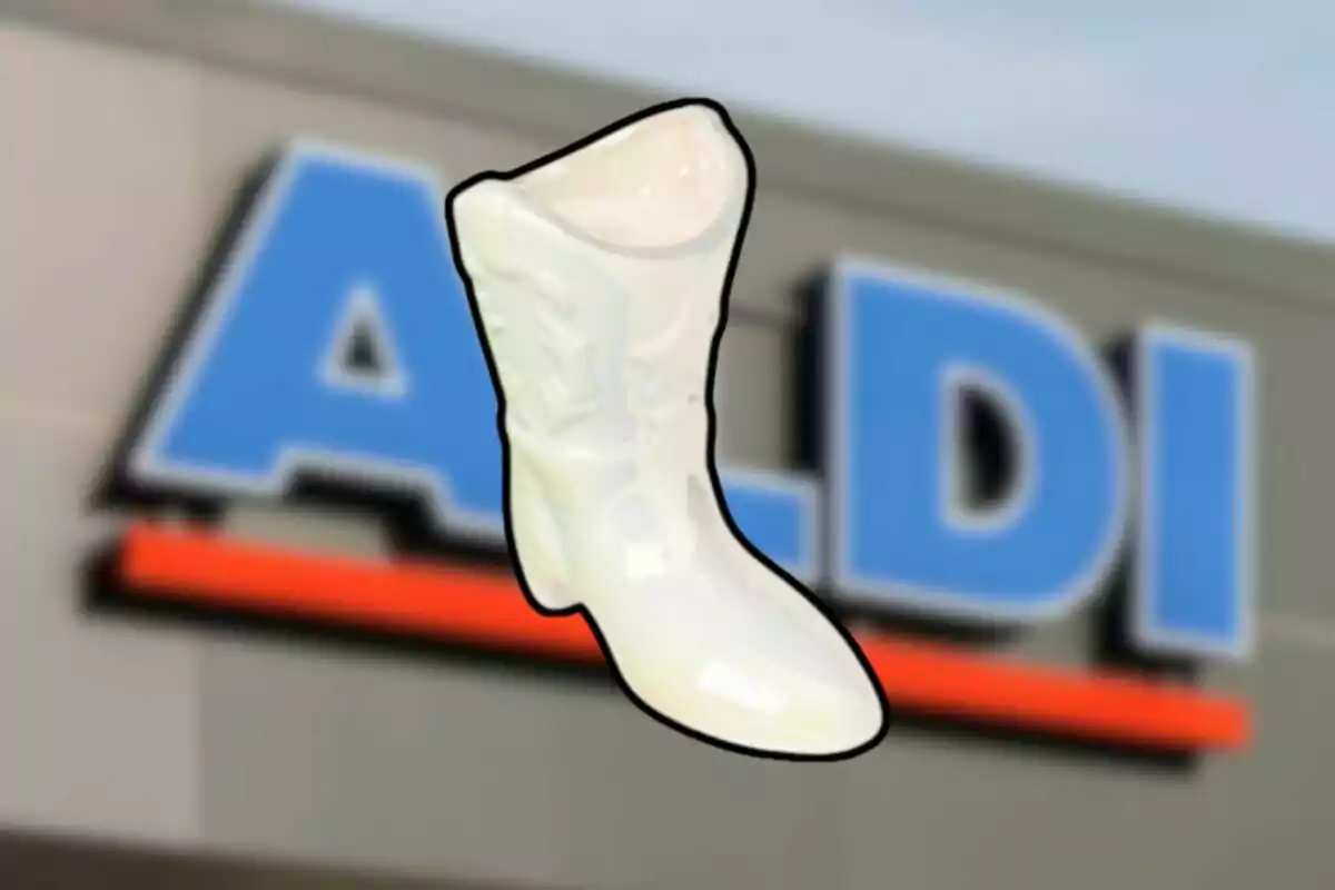 Bota blanca de cerámica sobre un letrero borroso de la tienda Aldi Bota blanca de cerámica sobre un letrero borroso de la tienda Aldi