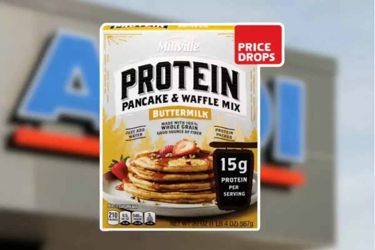 Millville brand buttermilk protein pancake and waffle mix box with a red label indicating a price drop Millville brand buttermilk protein pancake and waffle mix box with a red label indicating a price drop