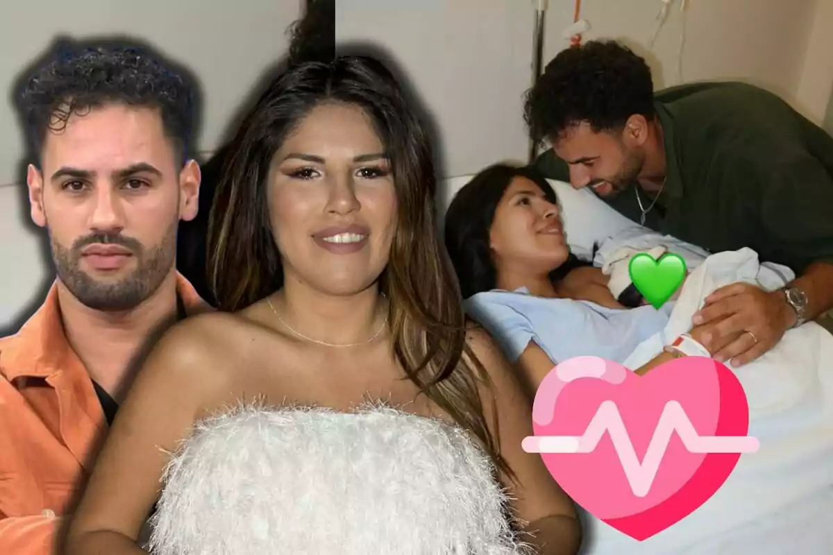 Montaje de Isa Pantoja sonriendo en primer plano, Asraf Beno con expresión seria a la izquierda y una escena de hospital al fondo donde una pareja sonríe junto a un recién nacido cubierto con emojis de corazón y corazón verde