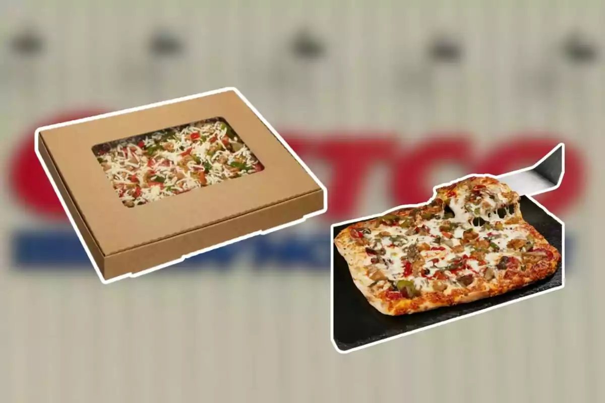 Una pizza cuadrada con vegetales y queso, una parte está en una caja de cartón y la otra ya horneada con una rebanada siendo servida Una pizza cuadrada con vegetales y queso, una parte está en una caja de cartón y la otra ya horneada con una rebanada siendo servida