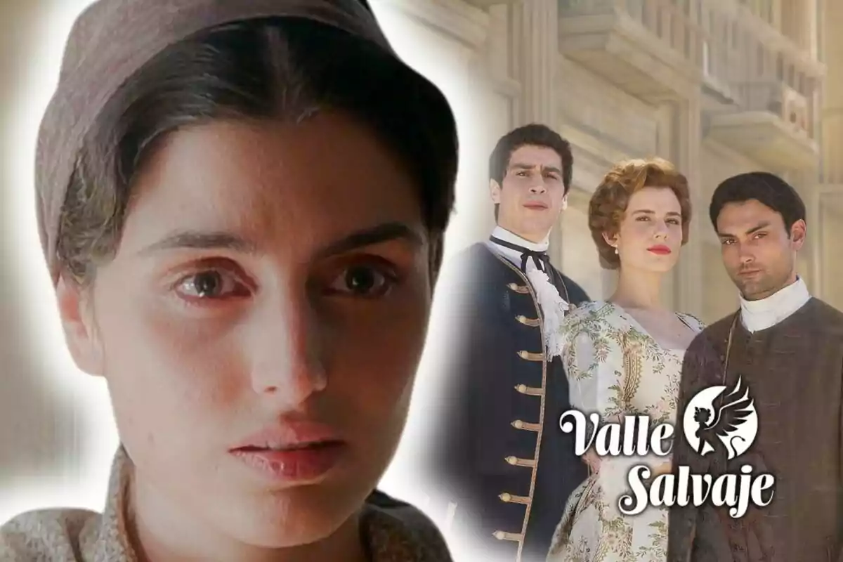 Primer plano de Loren Mairena con expresión seria y en el fondo tres personas vestidas con ropa de época junto al logo de 'Valle Salvaje'.
