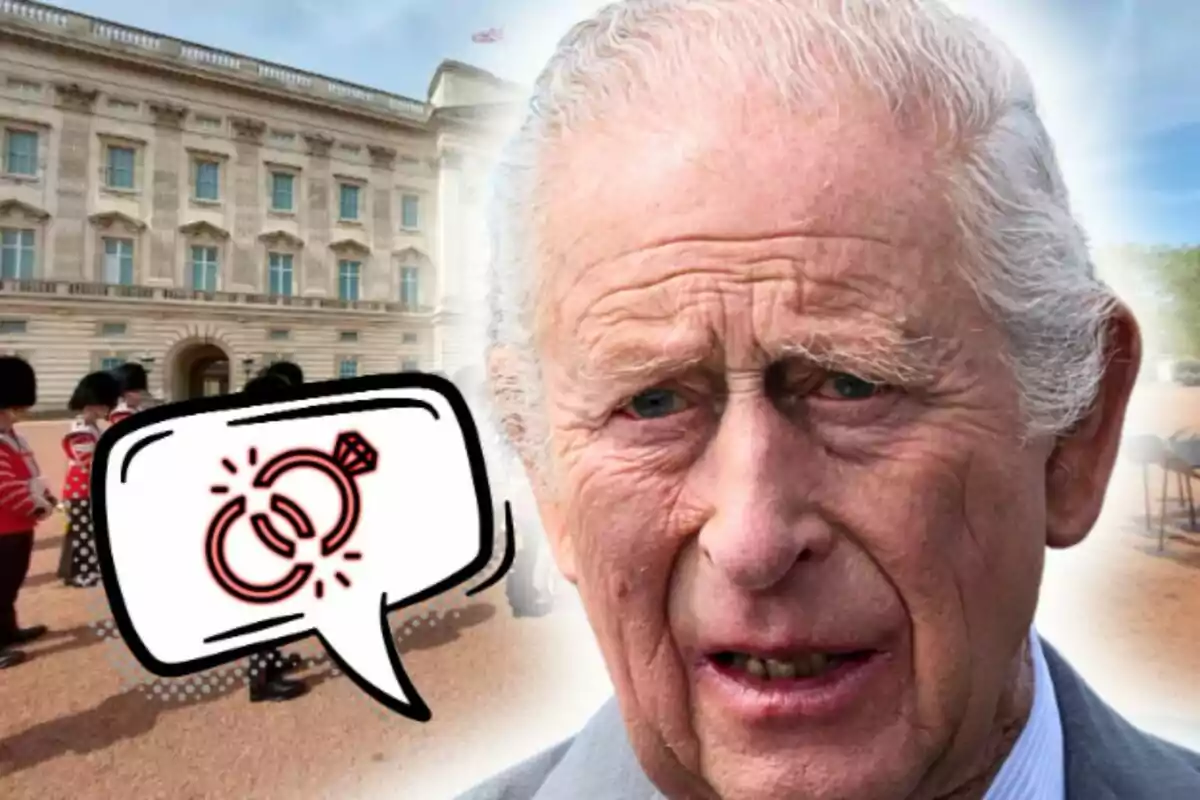 Charles III appears in the foreground in front of a historic building, with a group of guards in the background and a speech bubble with a drawing of broken rings.
