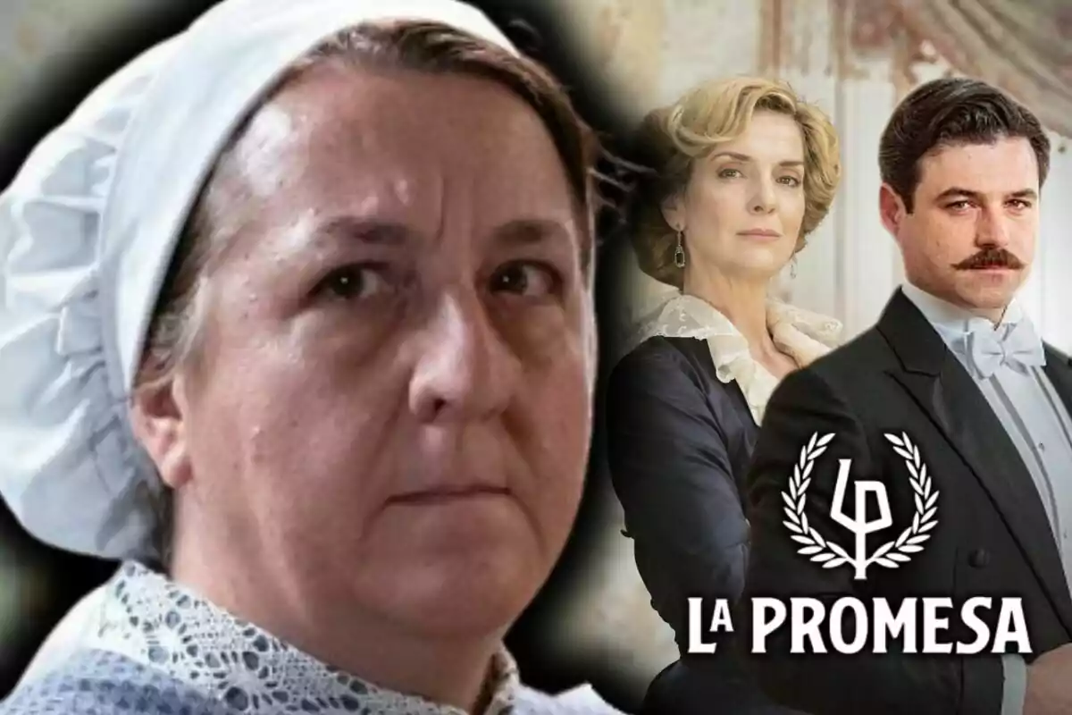 Tres personajes de la serie 'La Promesa' aparecen en la imagen, una mujer con cofia en primer plano, que es la actriz Carmen Flores Sandoval, y dos personas elegantemente vestidas al fondo junto al logo de la serie.