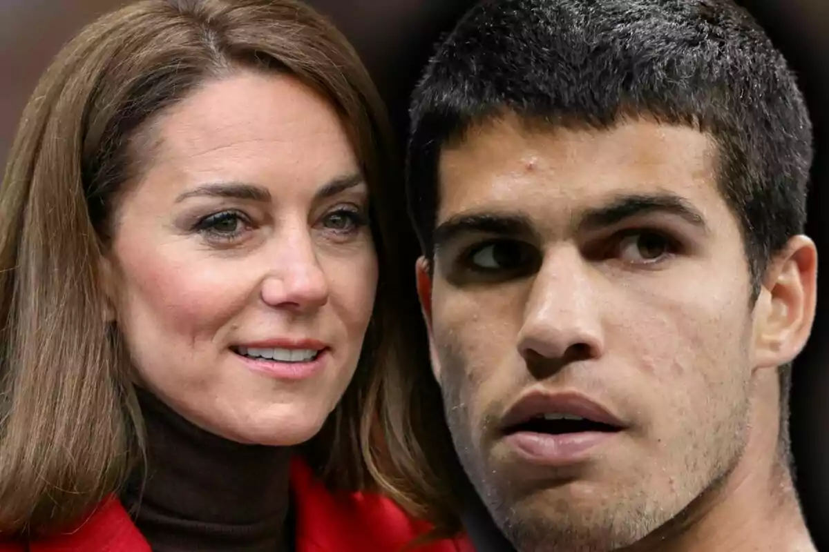Primer plano de Kate Middleton con el cabello castaño y Carlos Alcaraz con cabello corto mirando en diferentes direcciones.