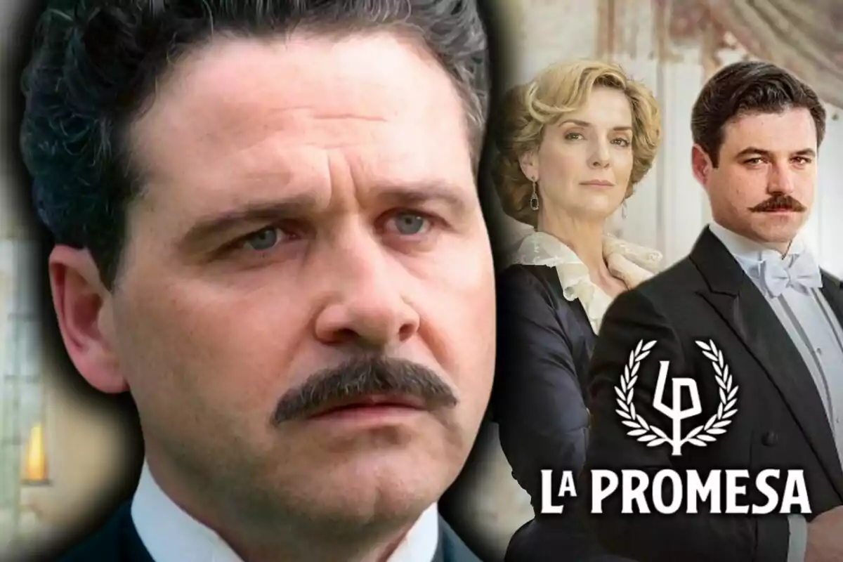 Primer plano del actor Carlos de Austria con bigote y expresión seria junto a una mujer y otro hombre elegantemente vestidos con el logo y el texto 'La Promesa'.