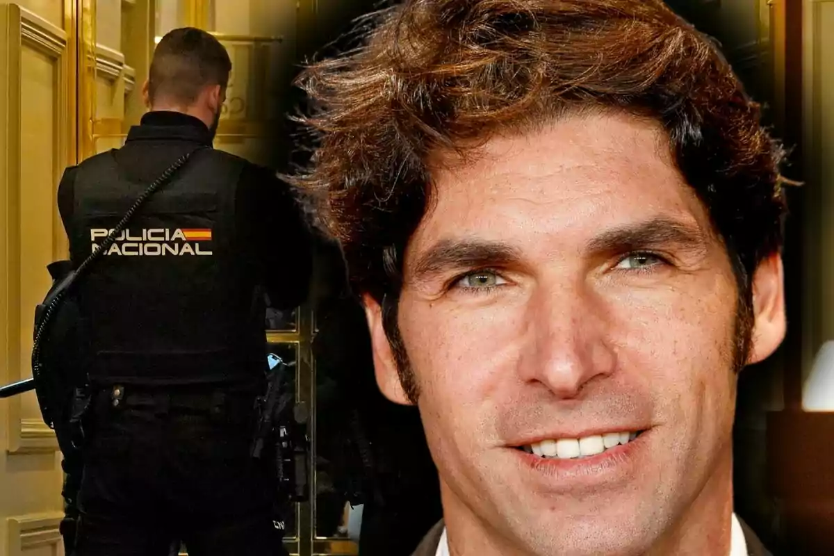 Un agente de la policía nacional de espaldas y, en primer plano, el rostro de Cayetano Rivera sonriente. Un agente de la policía nacional de espaldas y, en primer plano, el rostro de Cayetano Rivera sonriente.