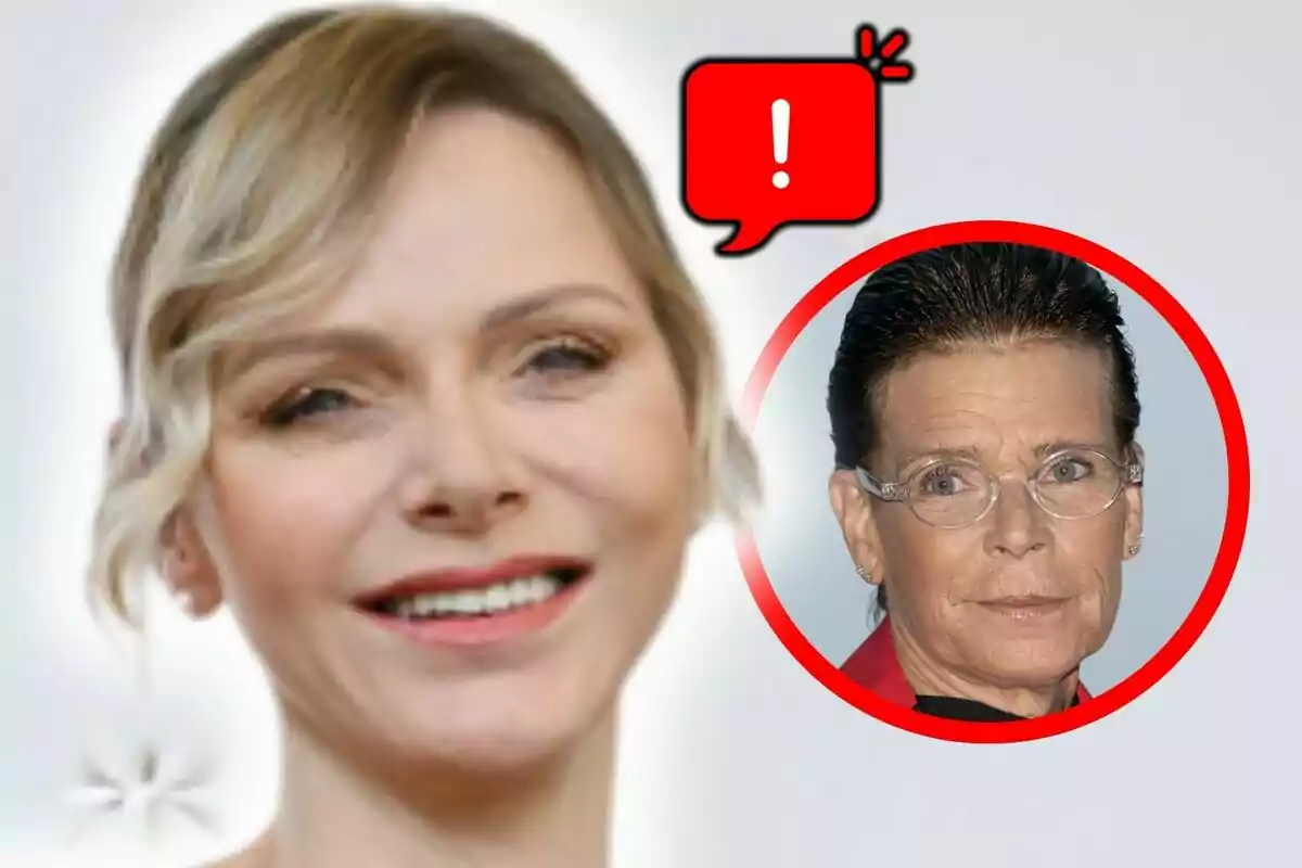 Two women appear in the image: one in the foreground smiling, who is Charlene of Monaco, and another in a red circle with an exclamation mark in a speech bubble, who is Stéphanie of Monaco.