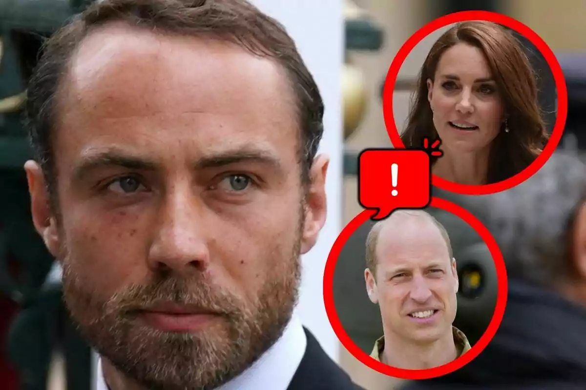 Close-up photo montage of James Middleton, Kate Middleton, and Prince William, all with serious expressions except for her.