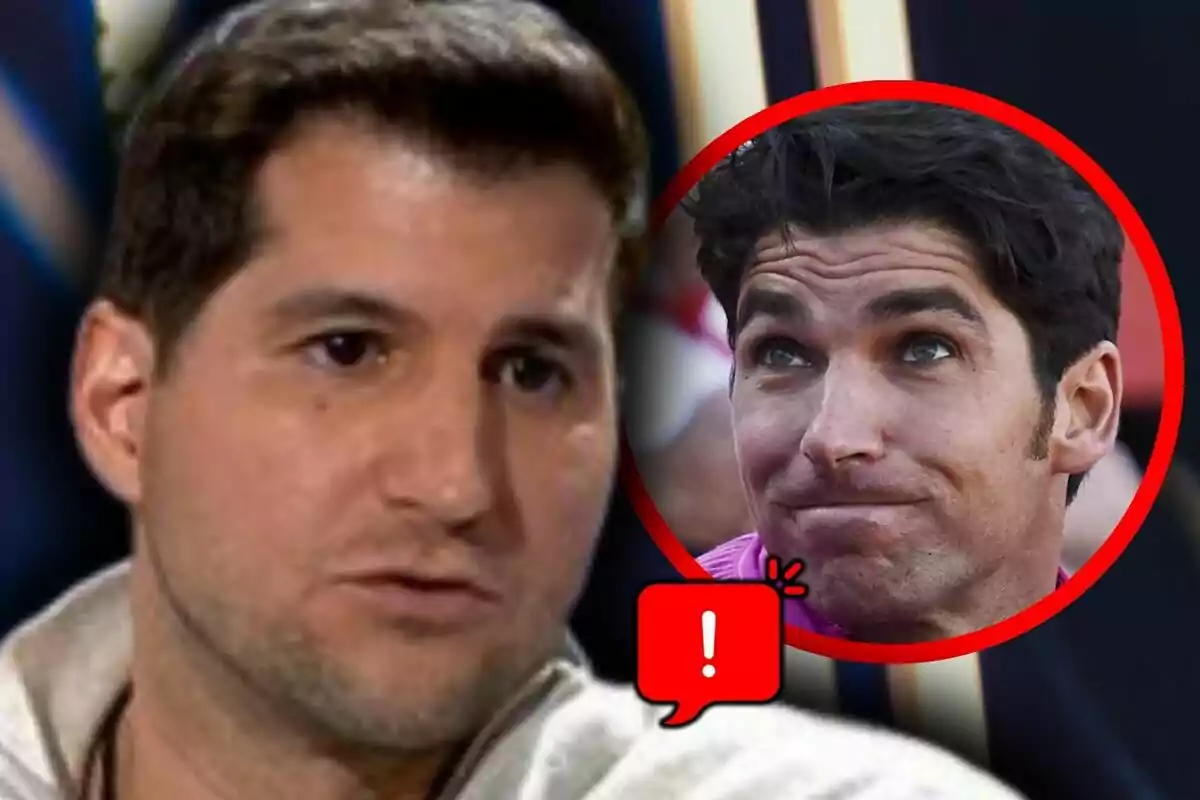 Montaje de fotos de primer plano de Julián Contreras y Cayetano Rivera, ambos con rostro serio y un ícono de exclamación en un globo de diálogo.