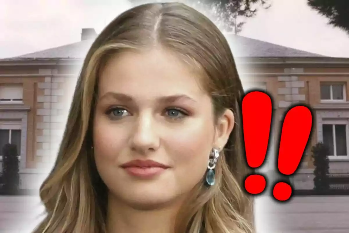 Montaje de fotos de primer plano de la princesa Leonor con rostro serio con dos signos de exclamación rojos a su lado.