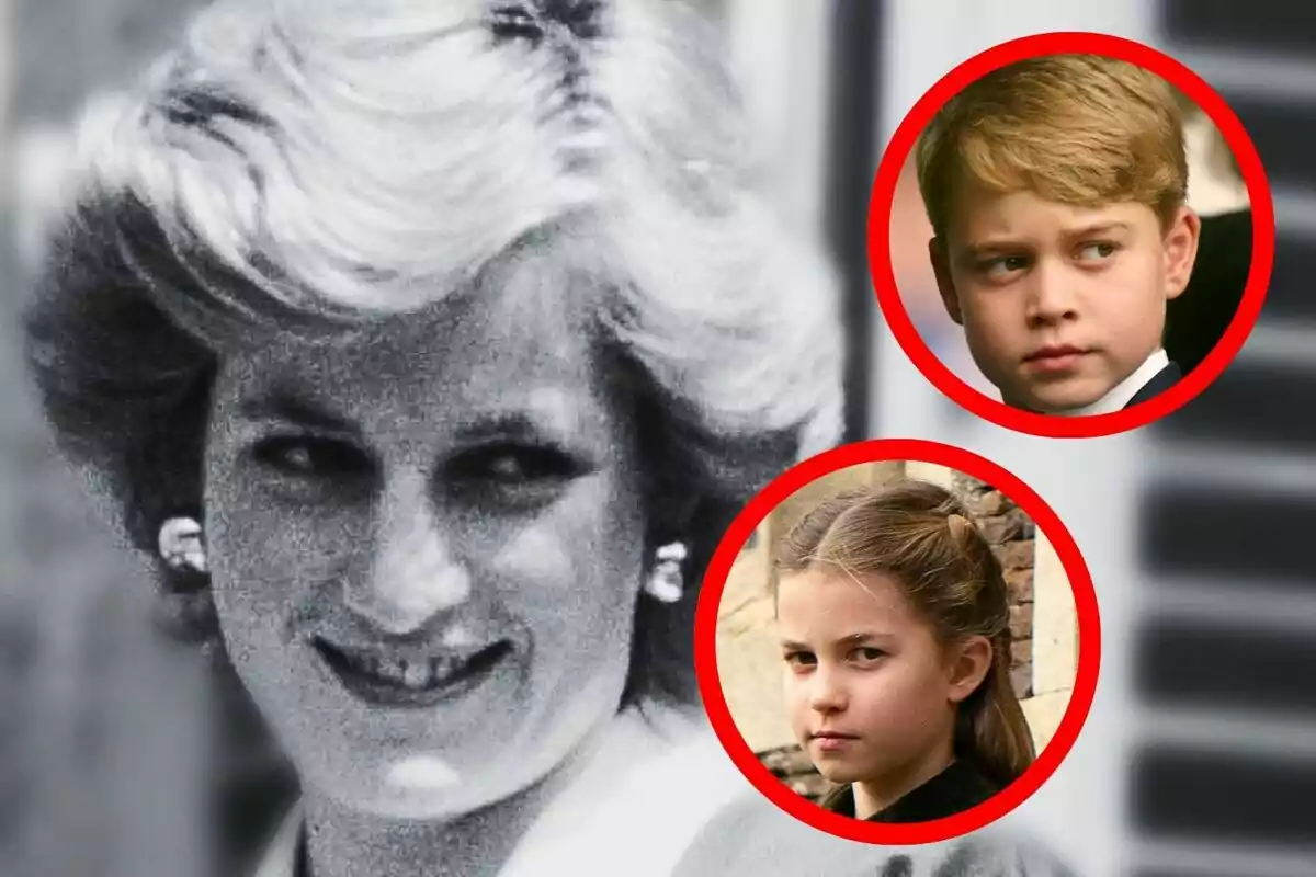 Close-up photo montage of a smiling Lady Di, next to images of Prince George and Charlotte with serious expressions.