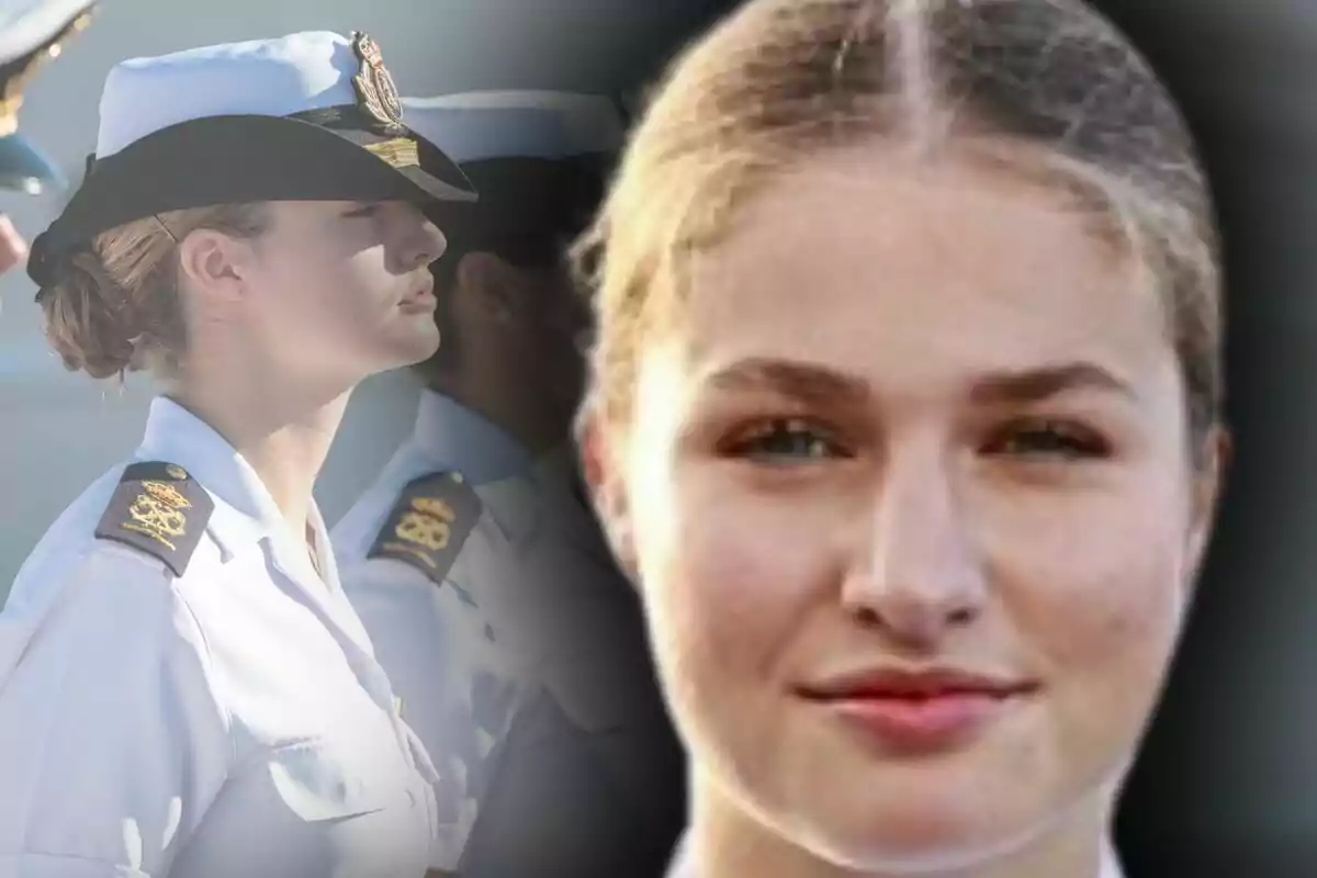 Leonor de Borbón con uniforme militar blanco y gorra, en un montaje que muestra su rostro en primer plano y de perfil en una ceremonia. Leonor de Borbón con uniforme militar blanco y gorra, en un montaje que muestra su rostro en primer plano y de perfil en una ceremonia.