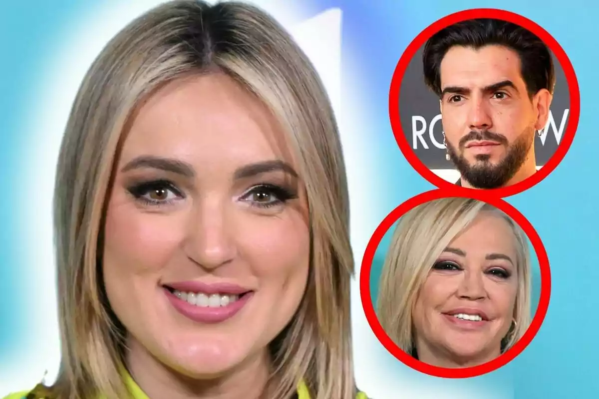 Marta Riesco sonríe en primer plano mientras en la esquina superior derecha aparecen dos rostros dentro de círculos rojos, un hombre de barba, que es Alejandro Caraza y una mujer rubia, que es Belén Esteban.