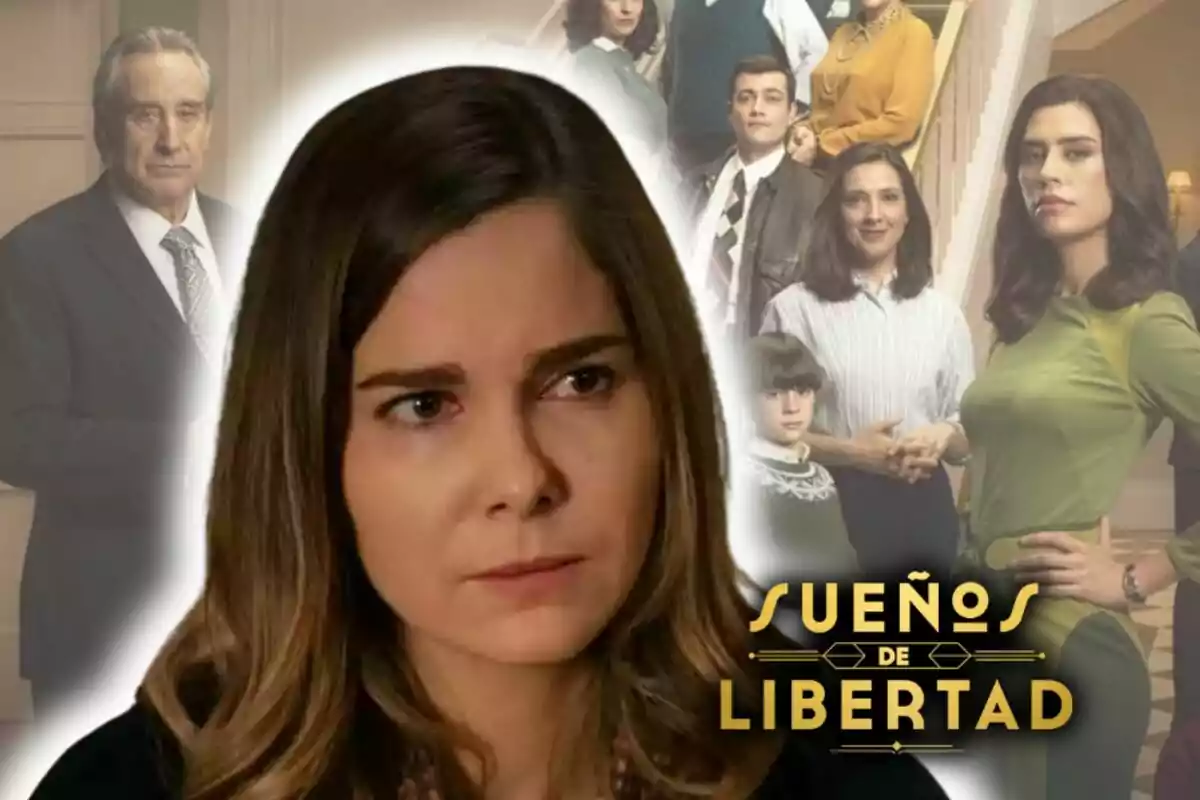 Natalia Sánchez con expresión seria en primer plano con el título 'Sueños de Libertad' y varias personas al fondo en una escalera.