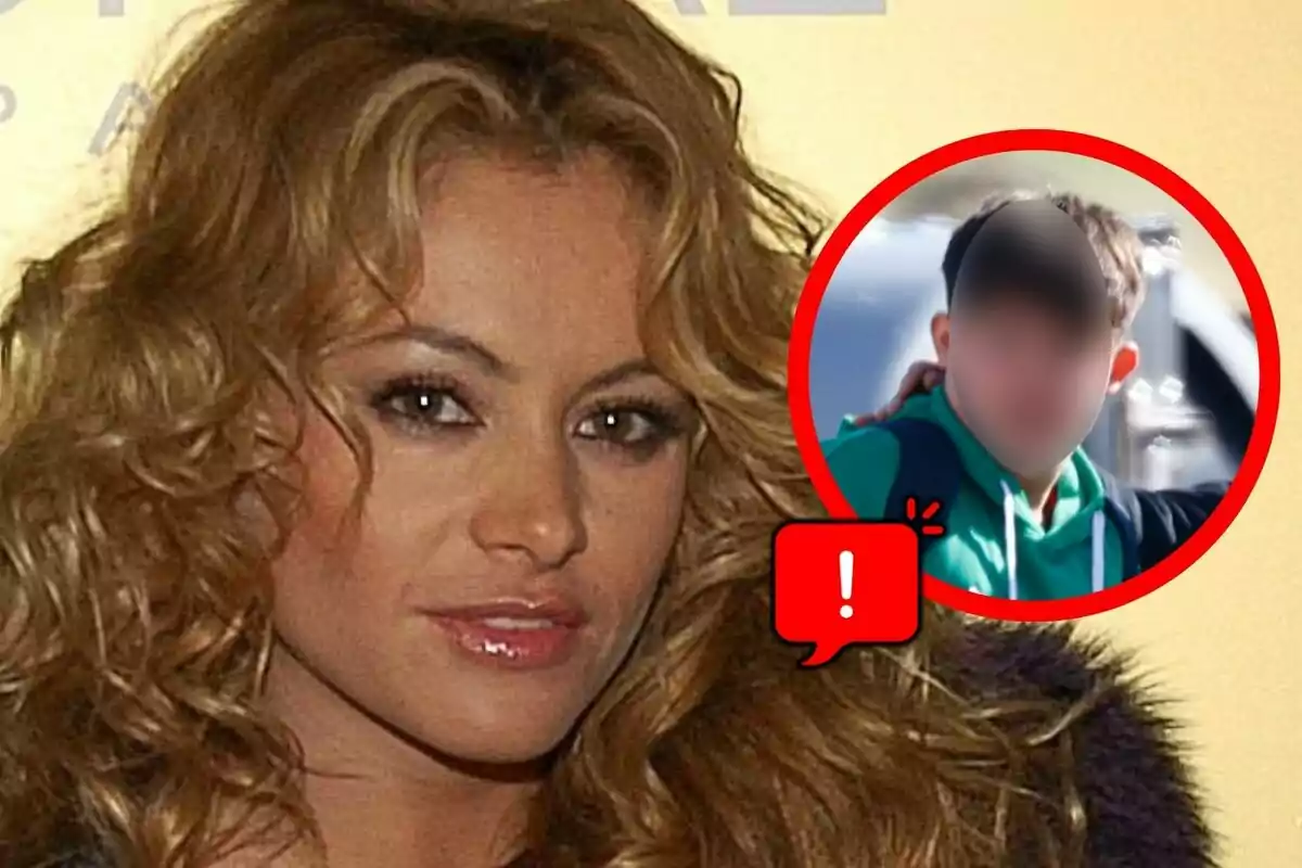 Montaje de fotos con Paulina Rubio en primer plano y un recuadro rojo que muestra a un niño con el rostro difuminado y un ícono de advertencia, que es su hijo, Andrea Nicolás.