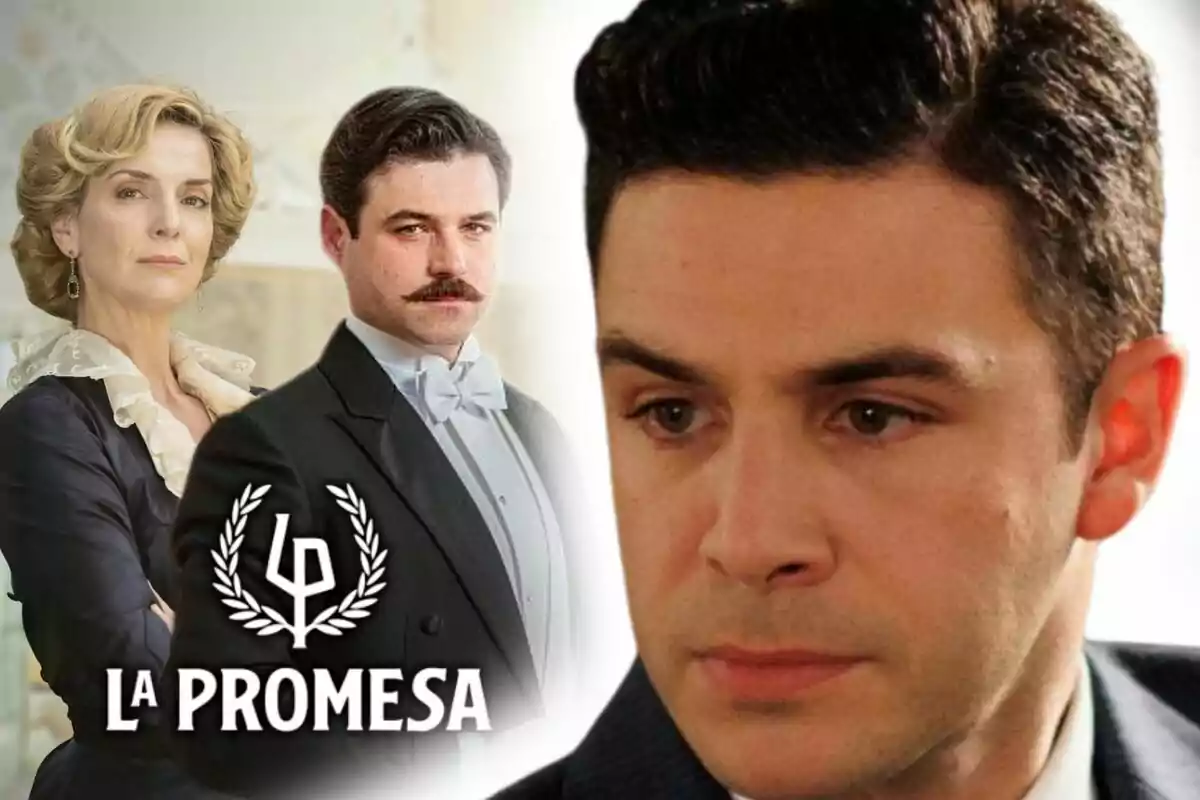 Tres personajes de la serie 'La Promesa' aparecen en la imagen, dos de ellos al fondo con vestimenta elegante y uno en primer plano con expresión seria, este último es el actor Pepe Nufrio.