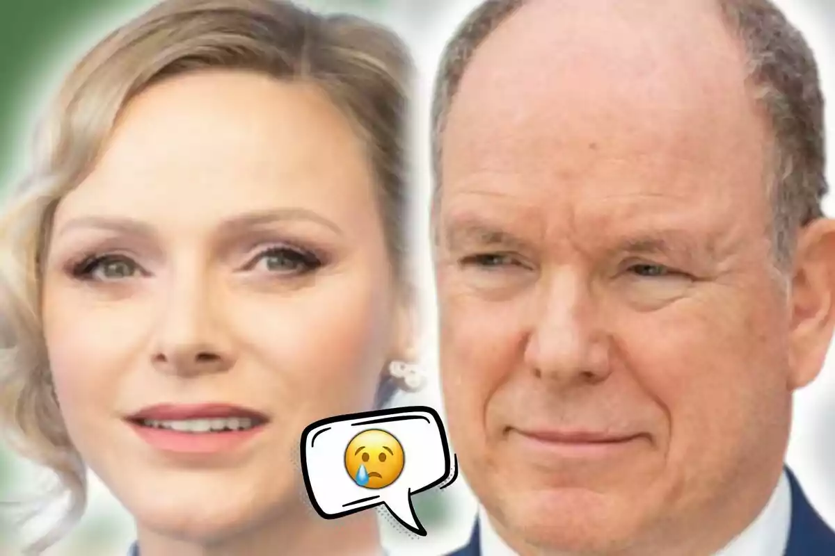 Montaje de fotos de primer plano de Charlene de Mónaco y Alberto de Mónaco, ambos con rosrto serio y con una burbuja de diálogo que contiene un emoji triste entre ellas.