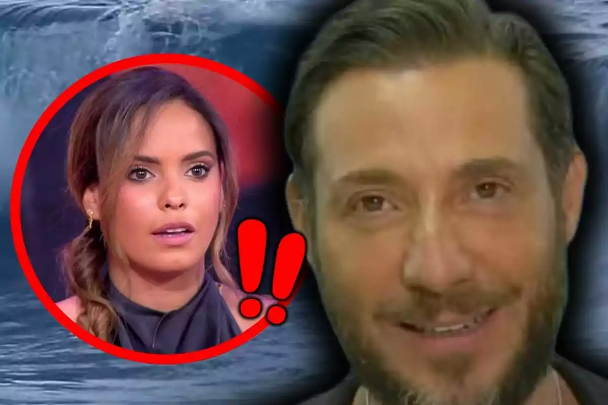 Gloria Camila Ortega con expresión de sorpresa aparece dentro de un círculo rojo junto a Antonio David Flores sonriente con barba, sobre un fondo de agua y un par de signos de exclamación rojos.