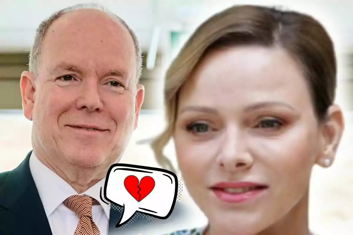 Close-up photo montage of Charlene and Albert of Monaco with a speech bubble drawing containing a red broken heart.