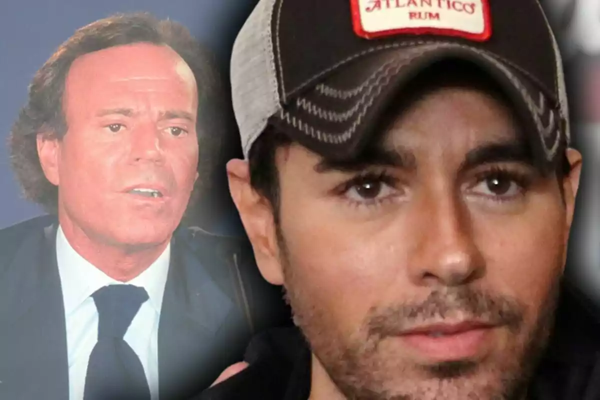 Close-up photo montage of Julio Iglesias and Enrique Iglesias, both with serious expressions.