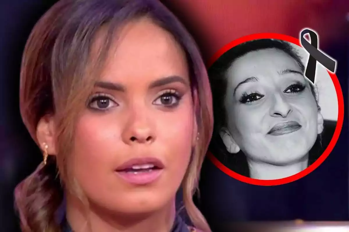 Gloria Camila Ortega con expresión seria en primer plano y fotografía en blanco y negro de Michu dentro de un círculo rojo con un lazo negro en la esquina superior derecha.