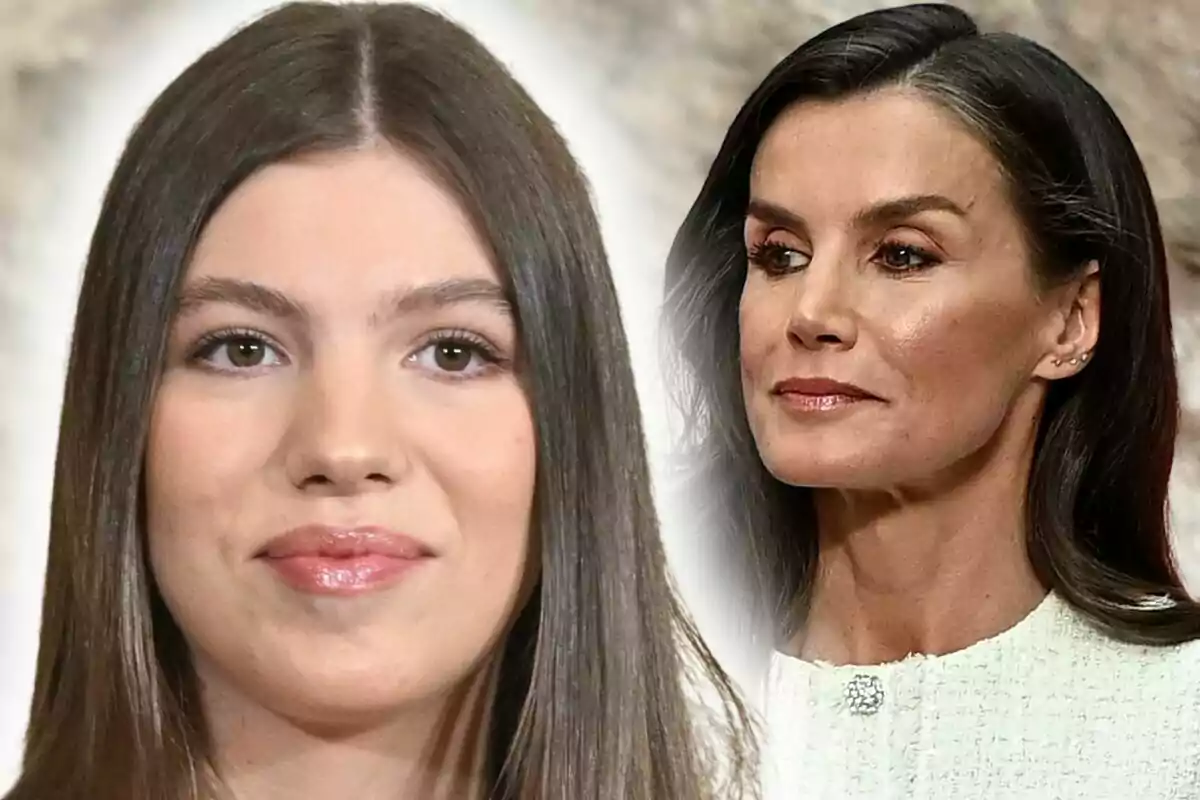 Photo montage of Infanta Sofía and Queen Letizia Ortiz in close-up, one of them looking straight ahead and the other to the side, both with serious expressions.