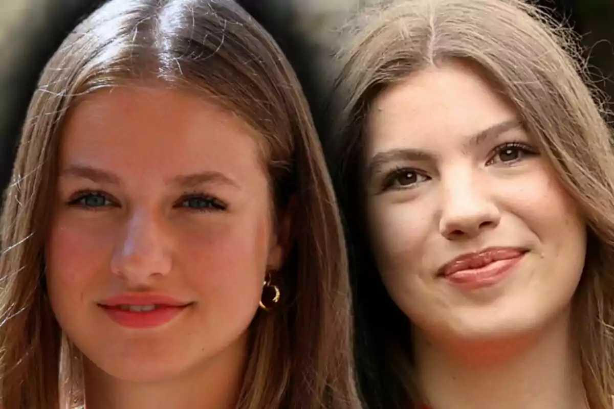 Montaje de fotos de primer plano de la infanta Sofía y la princesa Leonor, ambas mirando a cámara con rostro medio sonriente.