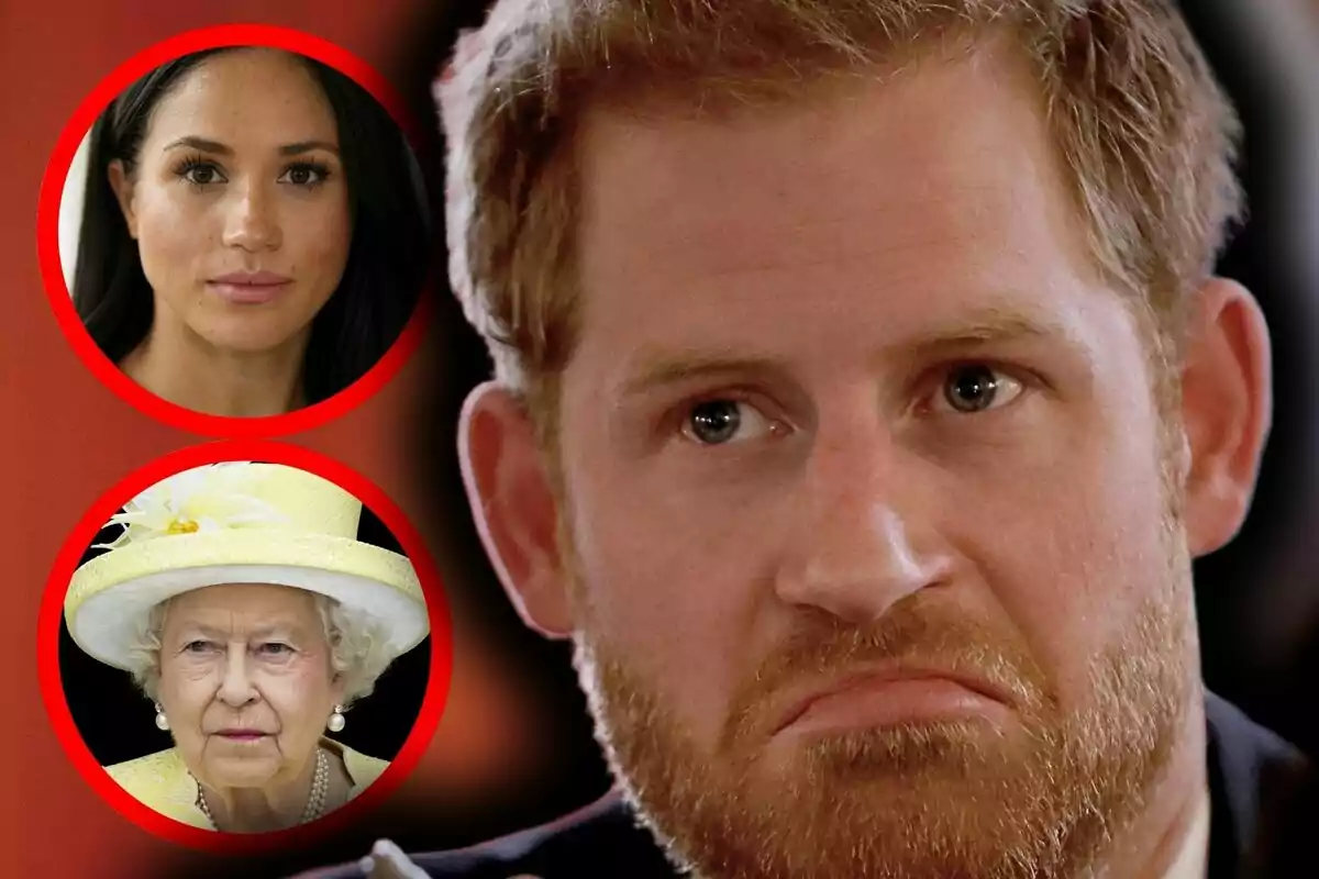 Close-up of Prince Harry with a serious expression, and next to him, two circular portraits of Queen Elizabeth and Meghan Markle, both also with serious faces.