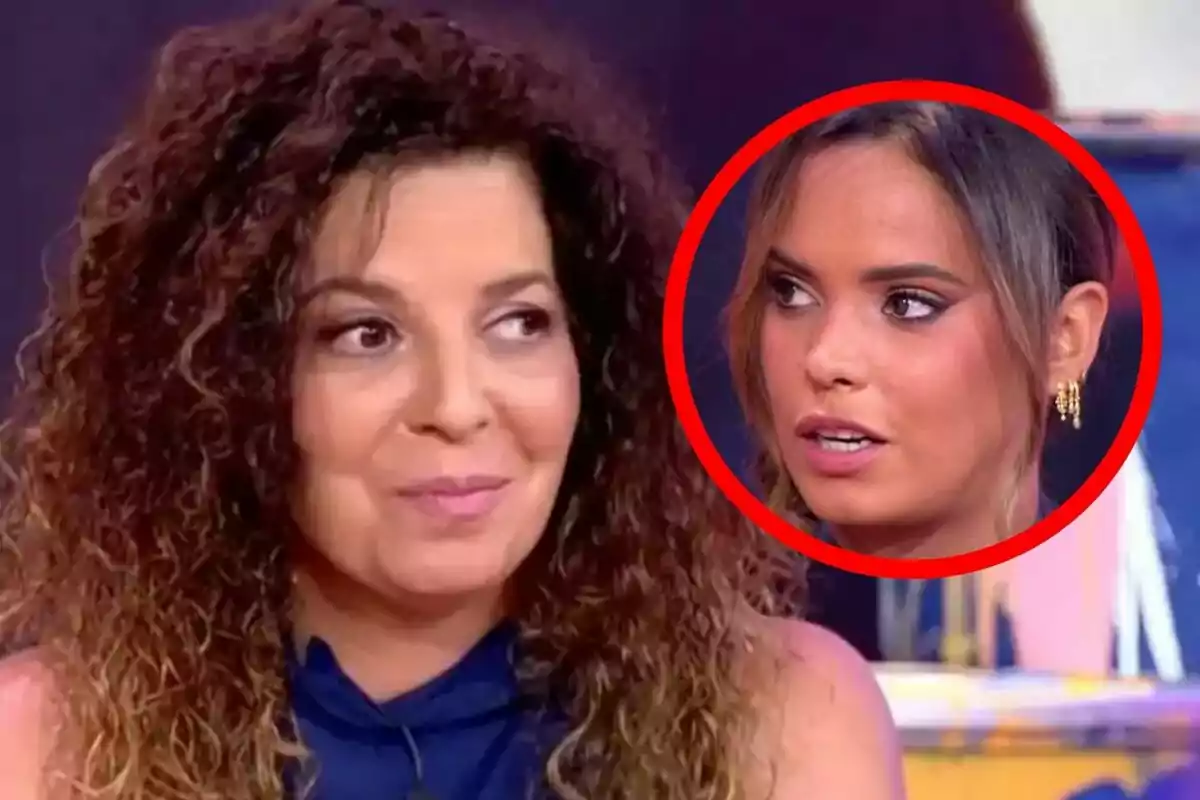 Tamara, hermana de Michu, mirando hacia un lado con el rostro de otra mujer enmarcado, que es el de Gloria Camila Ortega, en un círculo rojo en la esquina superior derecha.